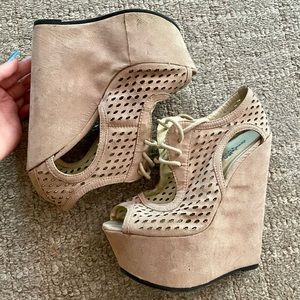 Charlotte Russe nude suede lace up platform wedges, size 6, Great for Summer!